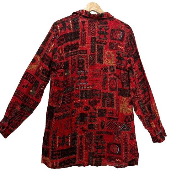 Chico's Size 1 US 8 Tunic Top Linen Aztec Southwest Button Front Red Tortoise Bu - Picture 7 of 11